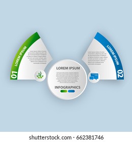 Vector illustration. Infographics in the form of a circle and 2 segments. Template for graphs, presentations, business, education with two steps and a circle in the center