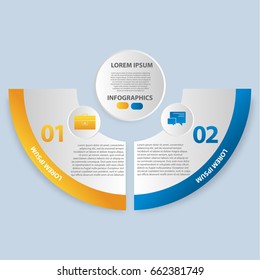 Vector illustration. Infographics in the form of a circle and 2 segments. Template for graphs, presentations, business, education with two steps and a circle in the center