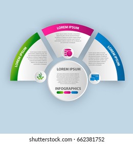 Vector illustration. Infographics in the form of a circle and 3 segments. Template for graphs, presentations, business, education with three steps and a circle in the center