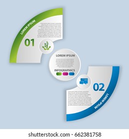 Vector illustration. Infographics in the form of a circle and 2 segments. Template for graphs, presentations, business, education with two steps and a circle in the center