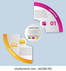 Vector illustration. Infographics in the form of a circle and 2 segments. Template for graphs, presentations, business, education with two steps and a circle in the center.