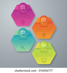 Ilustración vectorial infografía cuatro opciones hexagones. Vector de existencias