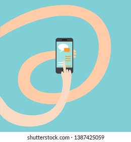 Vector illustration. Infographics on the theme of technology, cognition, business. Long hands with a smartphone. Stylized infographics on the topic of communication by cell phones.
