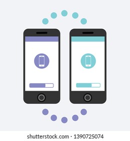 Vector illustration. Infographics on the theme of technology, cognition,business. Two smartphones, data exchange, information.