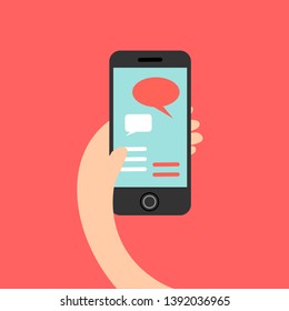 Vector illustration. Infographics on the theme of technology, cognition, business. Over red background man with typing message on black phone , telephone .