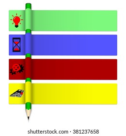 Vector illustration infographics pencil with ribbons of different colors and signs denoting the idea, production time and profit. Isolated object on a white background.
