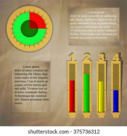 Vector illustration infographics pie chart and line levels on a paper background.