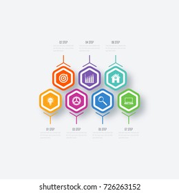 Vector illustration infographics seven options. Data and information visualization. Dynamic infographics stylish geometric. element for design business invitations, gift cards, flyers and brochures