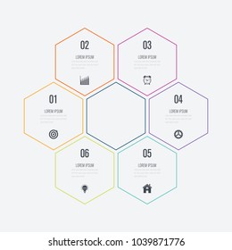 Vector illustration infographics six options. Data and information visualization. Dynamic infographics stylish geometric. element for design business invitations, gift cards, flyers and brochures