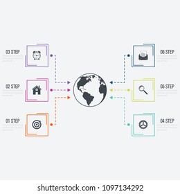 Vector illustration infographics six options. Data and information visualization. Dynamic infographics stylish geometric. element for design business invitations, gift cards, flyers and brochures