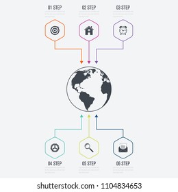 Vector illustration infographics six options. Data and information visualization. Dynamic infographics stylish geometric. element for design business invitations, gift cards, flyers and brochures