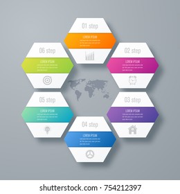 Vector illustration infographics six options. Data and information visualization. Dynamic infographics stylish geometric. element for design business invitations, gift cards, flyers and brochures