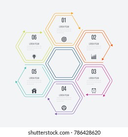 Infográficos de ilustração de vetor seis opções. Visualização de dados e informações. Elemento geométrico elegante de infográficos dinâmicos para convites de negócios de design, cartões de presente, folhetos e brochuras