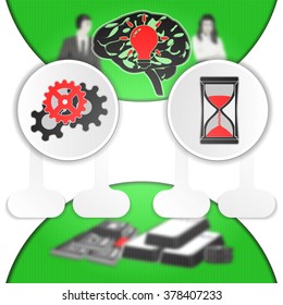 Vector illustration infographics table with blurred background money and gold bullion. Icons mind the idea of a mechanism and an hourglass in bulk form.