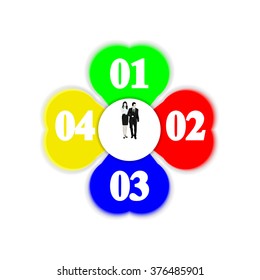 Vector illustration infographics table with four steps or stages in the form of clover businessman and business woman. Isolated object can be used with any image.