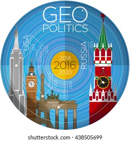 Vector illustration. Infographics. USA, Europe, Russia. Geopolitics. Iconic buildings