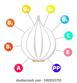 Vector illustration. Infographics. vitamins contained in vegetables. trace elements in colored circles. Garlic 