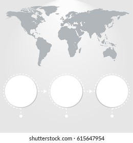 Vector illustration of the infographics with the world map with the three circles with steps