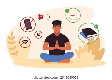Vector illustration of information detox. Cartoon scene of a guy sitting in the lotus position, without the Internet, social networks, with books, a cup of coffee isolated on a white background.