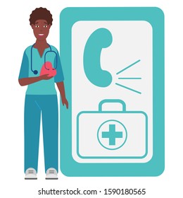 Vector illustration. Information poster. Doctor online. An urgent call to the doctor. The concept of health and modern technology in the form of online medical advice. For web banner, infographic.
