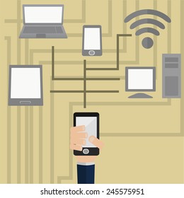 Vector illustration , information transfer over between your computer, phone, tablet and laptop