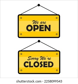 vector illustration of information we are open and sorry we are closed on yellow background.