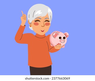 Vector illustration of ingenious grandmother middle-aged woman having an idea where to invest her savings holding a piggy with save space background
