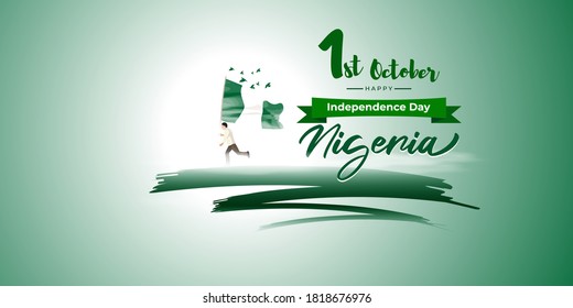 Vector illustration of Ingeria defence day, 1st october, boy running with nigeria flag in hand, birds, freedom, greeting card banner, poster.