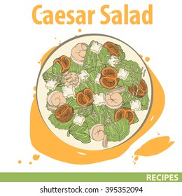 Vector illustration of ingredients for Caesar salad with shrimps. Recipe card. sketch