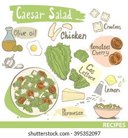 Vector Illustration Of Ingredients For Caesar Salad With Chicken. Recipe Card. Sketch