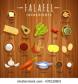 Vector illustration of ingredients for the falafel on wooden background