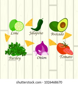 Vector illustration of ingredients for guacamole souse with nachos on wooden background 