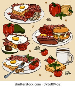 Vector illustration of ingredients for a healthy breakfast for Your Designs: T-shirts, Bag, For Poster, Invitation, Card, Menu, Banner, etc. Vector Illustration.