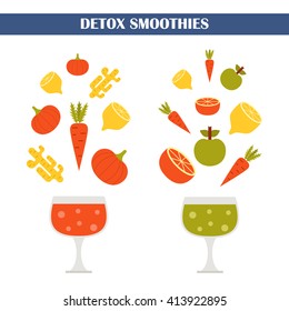Vector illustration with ingredients for making detox smoothies. Cartoon vector flat vegetables, fruits, ginger, pumpkin. Organic vitamin diet detox smoothies. Make your own healthy vegan smoothie.