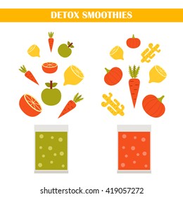 Vector illustration with ingredients for making detox smoothies. Cartoon vector flat vegetables, fruits, ginger, pumpkin. Organic vitamin diet detox smoothies. Make your own healthy vegan smoothie.