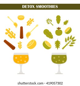 Vector illustration with ingredients for making detox smoothies. Cartoon vector flat ginger, honey, spinach, celery, lemon. Organic vitamin diet detox smoothies. Make your own healthy vegan smoothie.