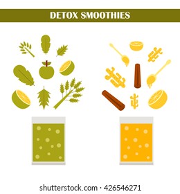Vector illustration with ingredients for making detox smoothies. Cartoon vector flat vegetables, fruits, ginger, pumpkin. Organic vitamin diet detox smoothies. Make your own healthy vegan smoothie.