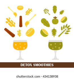 Vector illustration with ingredients for making detox smoothies. Cartoon vector flat vegetables, fruits, ginger, pumpkin. Organic vitamin diet detox smoothies. Make your own healthy vegan smoothie.