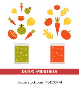 Vector illustration with ingredients for making detox smoothies. Cartoon vector flat vegetables, fruits, ginger, pumpkin. Organic vitamin diet detox smoothies. Make your own healthy vegan smoothie.