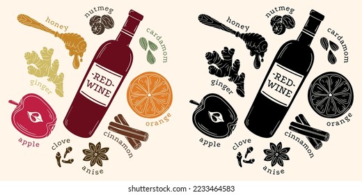 Vector illustration with ingredients for making mulled wine in color and black and white. Christmas hot drink recipe