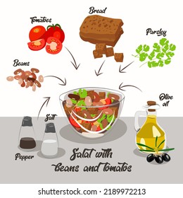 Vector illustration of ingredients for PP salad. A recipe card. A sketch. Healthy eating.