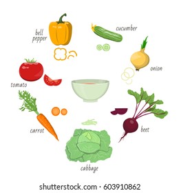 Vector illustration of ingredients for salad preparing on white background. Healthy food and lifestyle topic