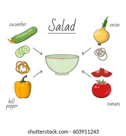 Vector illustration of ingredients for salad preparing on white background. Healthy food and lifestyle topic