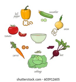 Vector illustration of ingredients for salad preparing on white background. Healthy food and lifestyle topic