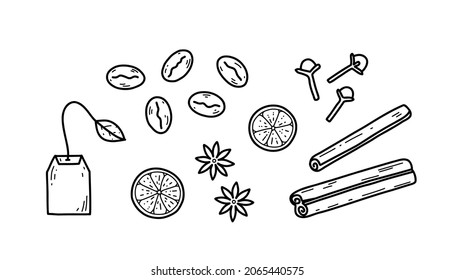 Ilustración vectorial con ingredientes para el té o el café con especias - rollos de canela, clavo, anís estrellado, lonchas de limón y naranja, bolso de té y granos de café. Dibujo de Doodle.