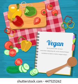 Vector illustration ingredients for vegetarian dishes and glassware, cutlery and spices.