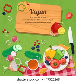 Vector illustration ingredients for vegetarian dishes and glassware, cutlery and spices.