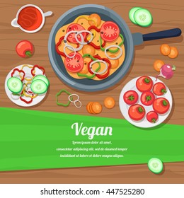 Vector illustration ingredients for vegetarian dishes and glassware, cutlery and spices.