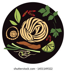 Vector illustration of ingredients for vietnamese soup Pho bo.
Hand drawn  food elements.