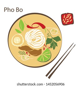 Vector illustration of ingredients for vietnamese soup Pho bo.
Hand drawn  food elements.
